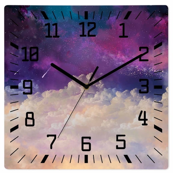 Night Sky Stars Wooden Wall Clock Silent Non Ticking, Shooting Star Cloud Galaxy Square Wall Clocks Battery Operated, Decor Clock for Home Office, Living Room, Kitchen, 10 Inch