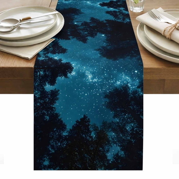 Night Sky Table Runner Blue Natural Forest Trees Star River Scenery Tablerunners 13 x 60 Inch, Table Decorations Tabletop Scarf for Summer Gathering Holiday Farmhouse Kitchen Dining Decor