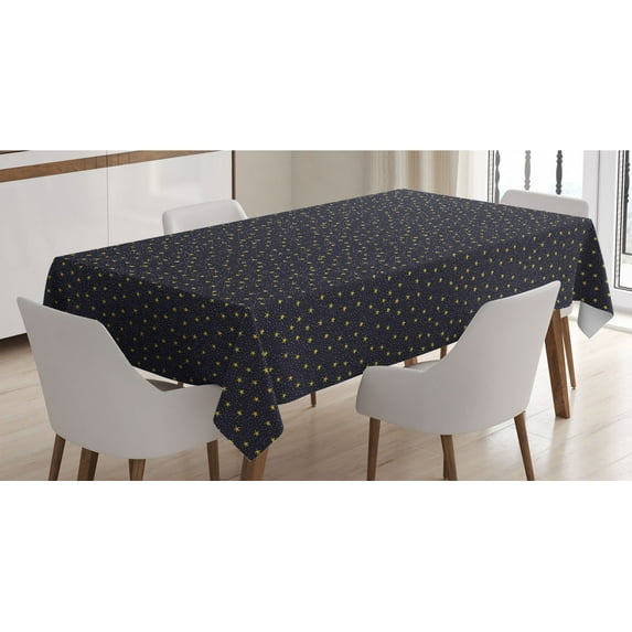Night Sky Tablecloth, Hand Drawn Style Yellow Stars and White Dots Celestial Midnight, Rectangle Satin Table Cover Accent for Dining Room and Kitchen, 60" X 84", Yellow White, by Ambesonne