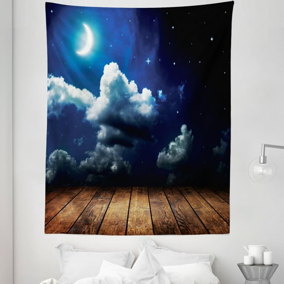 Night Sky Tapestry, Dots Liked Star Moon Crescent Foggy Clouds Wooden Seem Deck Image, Fabric Wall Hanging Decor for Bedroom Living Room Dorm, 5 Sizes, Cobalt Blue and Pale Brown, by Ambesonne
