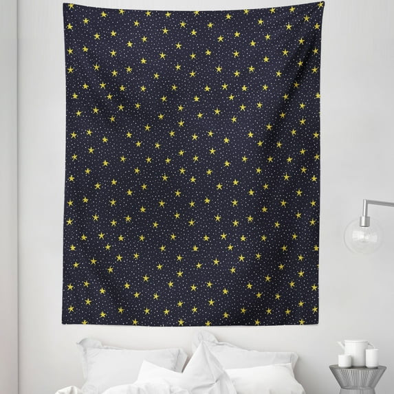 Night Sky Tapestry, Hand Drawn Style Yellow Stars and White Dots Celestial Midnight, Fabric Wall Hanging Decor for Bedroom Living Room Dorm, 5 Sizes, Yellow White, by Ambesonne