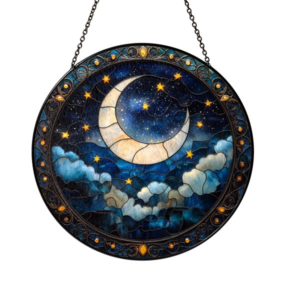 Night Sky Window Hanging – Moon and Stars Stained Glass Look