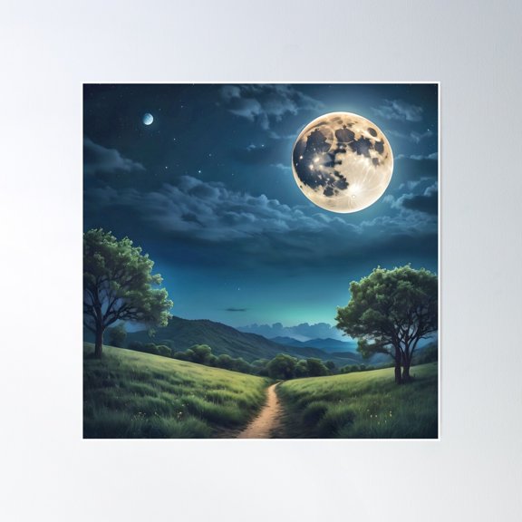 Night Sky With Big Moon And Green Landscape Poster Wall Art, Modern Wall Decor, 30x30 UNFRAMED