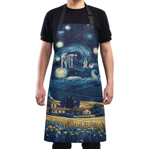 Night Sky over Fields Chef Kitchen Apron with Pockets for Women Waterproof Aprons for Cooking Baking