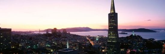 Night Skyline With View Of Transamerica Building And Golden Gate Bridge San Francisco California USA Canvas Art - Panoramic Images (36 x 12)