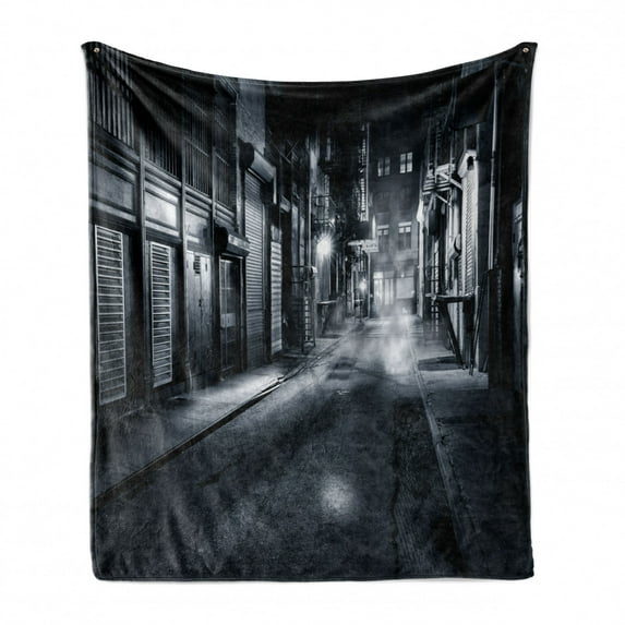 Night Soft Flannel Fleece Blanket, Moody Monochrome View of Cortlandt Alley Chinatown New York City Dark Urban Scenery, Cozy Plush for Indoor and Outdoor Use, 50" x 60", Black White, by Ambesonne