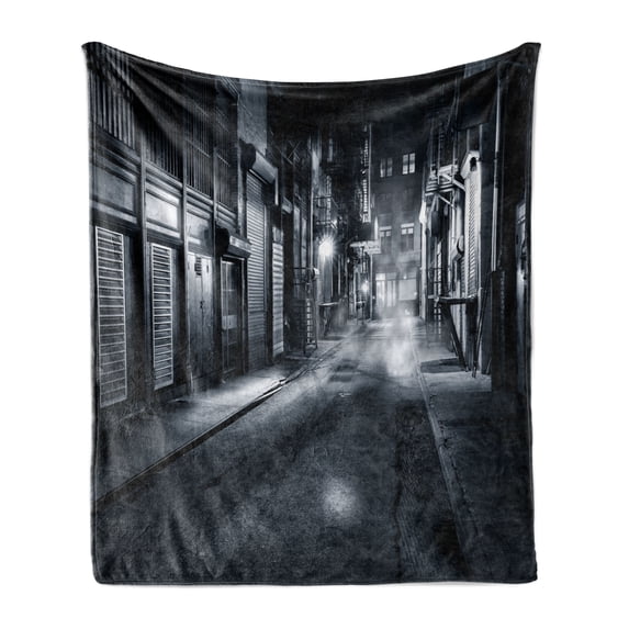 Night Soft Flannel Fleece Blanket, Moody Monochrome View of Cortlandt Alley Chinatown New York City Dark Urban Scenery, Cozy Plush for Indoor and Outdoor Use, 60" x 80", Black White, by Ambesonne
