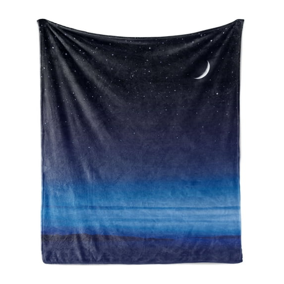 Night Soft Flannel Fleece Blanket, Moon and Stars over Santa Barbara Channel Infinity Foggy Pacific Ocean, Cozy Plush for Indoor and Outdoor Use, 60" x 80", Dark Blue Sky Blue White, by Ambesonne