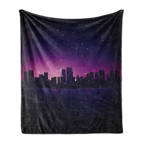 Night Soft Flannel Fleece Throw Blanket, City Skyline Silhouette Skyscrapers Abstract Graphic Architecture Urban Life, Cozy Plush for Indoor and Outdoor Use, 50" x 70", Indigo Pale Pink, by Ambesonne