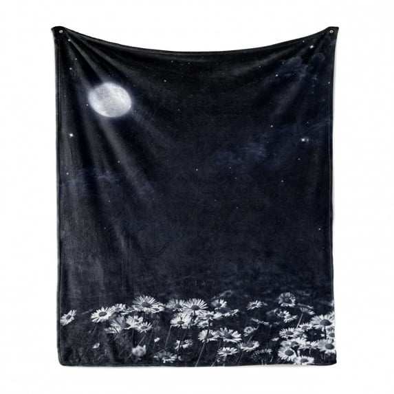 Night Soft Flannel Fleece Throw Blanket, Dark Night and White Daisies Fantasy Landscape Nature and Dreamlike Universe, Cozy Plush for Indoor and Outdoor Use, 60" x 80", Dark Blue White, by Ambesonne
