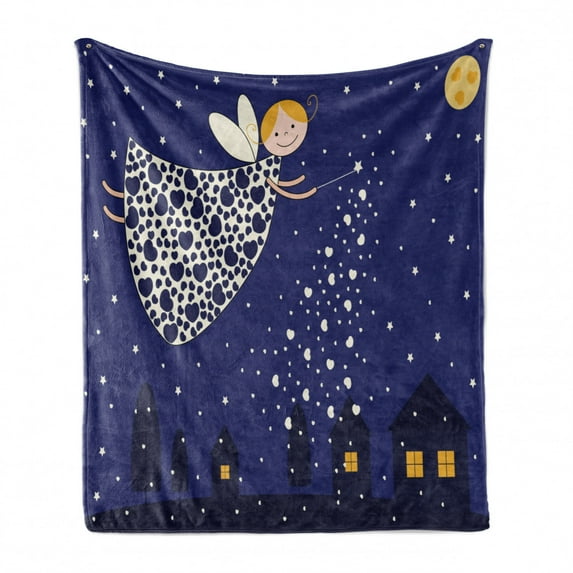 Night Soft Flannel Fleece Throw Blanket, Girls Kids Cartoon Fairy in Sky Casting Magic over Houses Hearts Stars, Cozy Plush for Indoor and Outdoor Use, 70" x 90", Blue Marigold White, by Ambesonne