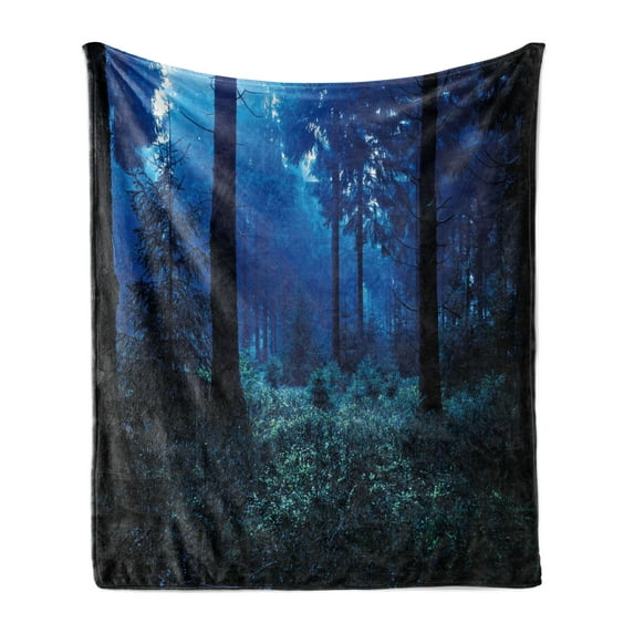Night Soft Flannel Fleece Throw Blanket, Misty Nature Scene of Autumn Forest in Thuringia Germany Tranquil Woodland, Cozy Plush for Indoor and Outdoor Use, 50" x 70", Blue Green White, by Ambesonne