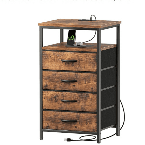 Night Stan with Charging Station, 4 Drawer Dresser for Bedroom, Bedside Table, 33.9 Inch Tall Nightstan with Open Shelf, En Table, for Closet, Entryway, Bedroom, Rustic Brown