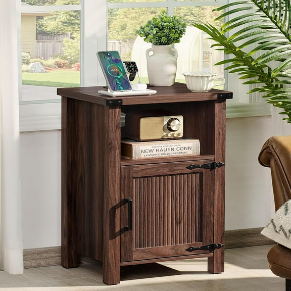 Night Stand, 18 Inch Farmhouse Nightstand with with Charging Station and USB Port, Rustic Couch End Table with Magnetic Door, Wood Bed Side Tables for Bedroom, Home, Brown Walnut