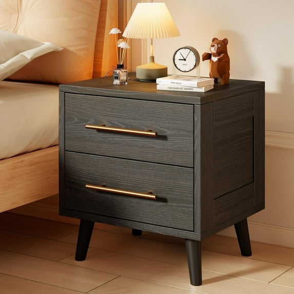 Lofka Night Stand 2 Drawer for Bedroom, Nightstand Bedside Table with Gold Handle, Smooth-Gliding Drawers, 20"H, Black