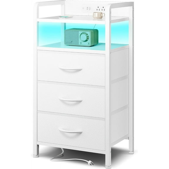 Night Stand Bedside Table Bedroom - Nightstand with Charging Station, Bed Side Table with LED Light Strip, End Table with U-S-B Ports & AC Outlets, Storage Shelf & 3 Fabric Drawers, White