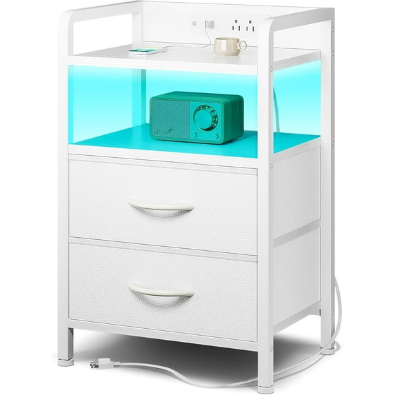 Night Stand Bedside Table Bedroom - Nightstand with Charging Station & LED Light Strip, Bed Side Table with Storage Shelf & 2 Fabric Drawers, Morden White End Table with U-S-B Ports & AC Outlets
