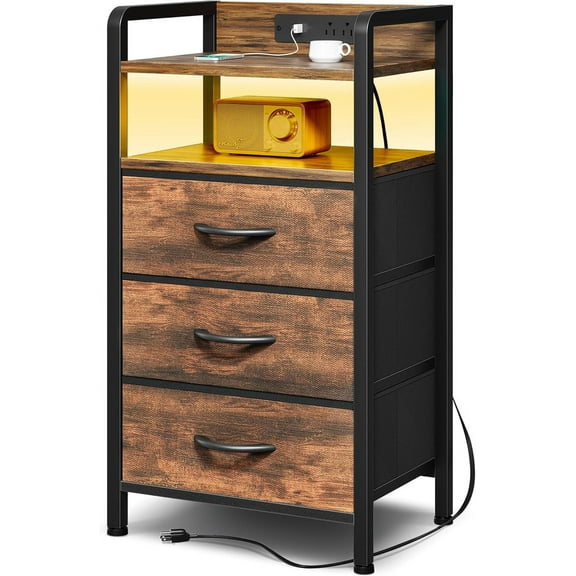 Night Stand Bedside Table Bedroom - Nightstand with Charging Station & LED Light Strip, Bed Side End Table with Storage Shelf & 3 Fabric Drawers, U-S-B Ports & AC Outlets, Rustic Brown