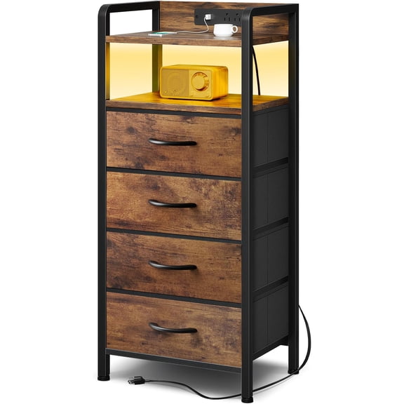 Night Stand Bedside Table  - Tall Nightstand with  Station &  Light Strip, Bed Side Table with Storage Shelf & 4 Drawers, End Table with U-S-B Ports & AC Outlets, Brown