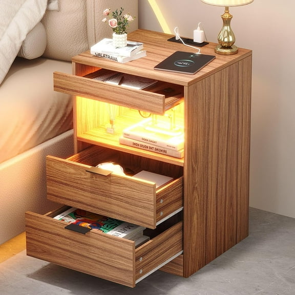Night Stand, Bedside Table, LED Nightstand with Charging Station, Modern Night Stand, Wood Sofa Couch End Side Table with 2 Pull-Out Shelf (Black)