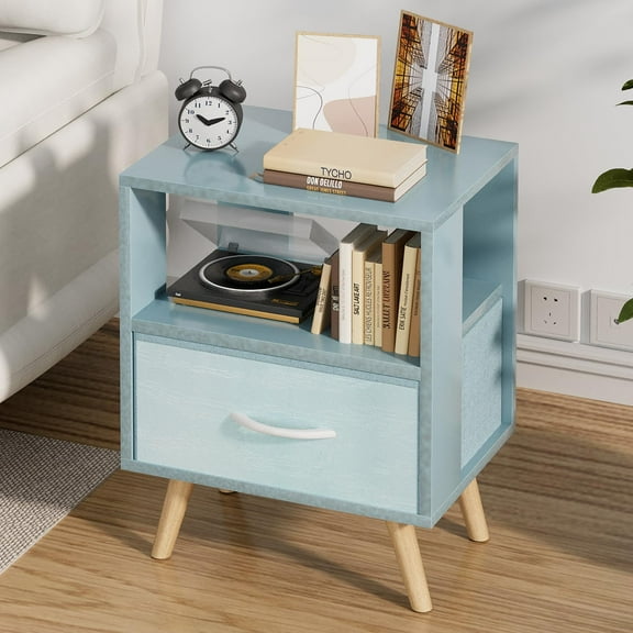 Night Stand, Blue Kids Nightstand with Drawer, Nursery Side Table with Open Storage, 2-Tier Modern End Table, Bedside Table for Small Space, Living Room, Bedroom
