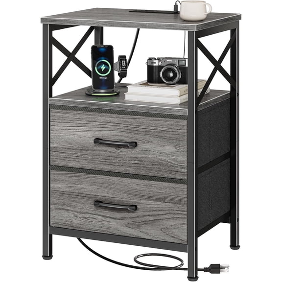 Night Stand with Charger Station, 2 Drawer Nightstand with Open Shelf, Bed Side Table with USB-C Port, End Table, Compact Size for Small Spaces, X Shaped Side Rail, Grey
