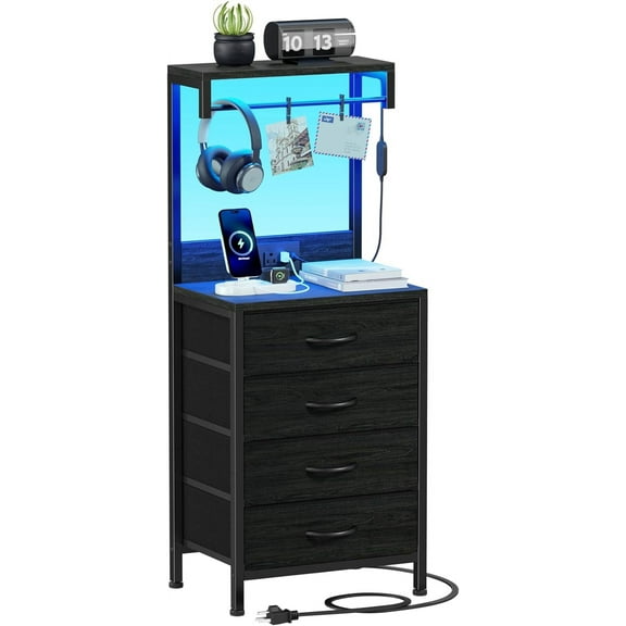 Night Stand with Charger Station, 38'' Tall Nightstand with 4 Fabric Drawers and LED Lights, Bedside Table with Storage Shelf for Bedroom, Office, Metal Frame, Wood Shelves