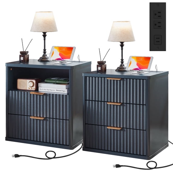 Mid Century Modern Nightstand Set of 2 with Charging Station – Fluted 3-Drawer & 2-Drawer Bedside Tables with Storage Compartment for Bedroom, Blue
