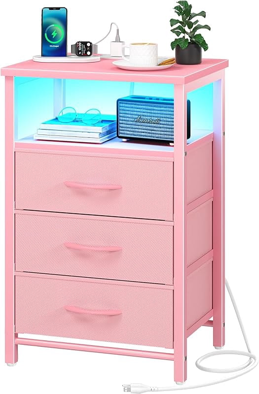 Storage Room Night Night Stand with Charging Station, 16 Colors LED Nightstand with USB ...