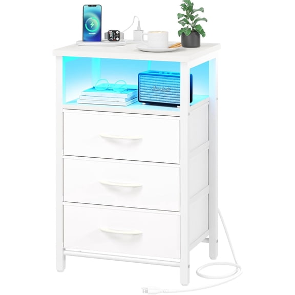 Night Stand with Charging Station, 16 Colors LED Nightstand with USB Ports and Outlets, End Table with 3 Fabric Drawers and Storage Shelf, Bedside Tables Small Dresser for Small Space White
