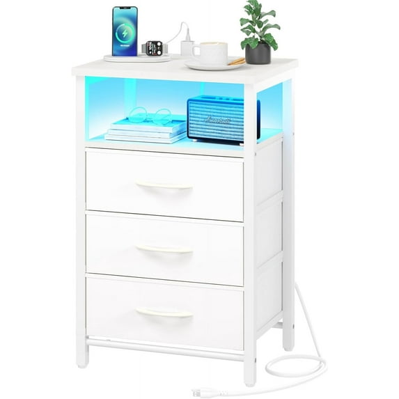 Night Stand with Charging Station, 16 Colors LED Nightstand with USB Ports and Outlets, End Table with 3 Fabric Drawers and Storage Shelf, Bedside Tables Small Dresser for Small Space White
