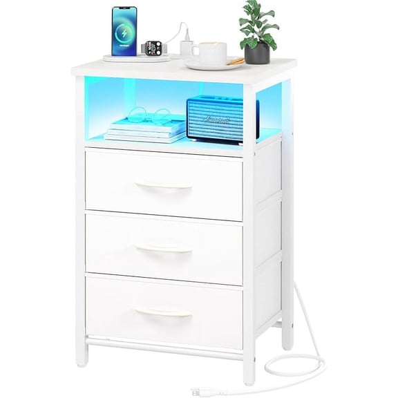 Night Stand with Charging Station, 3 Fabric Drawers Nightstand, Bedside Tables with Storage Shelf, End Table with 16 Colors LED, Small Dresser for Small Space