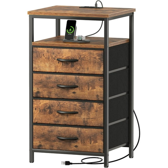 Night Stand with Charging Station, 4 Drawer Dresser for Bedroom, Bedside Table, 33.9 Inch Tall Nightstand with Open Shelf, End Table, for Closet, Entryway, Bedroom,Rustic Brown