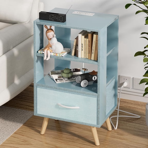 Night Stand with Charging Station, Blue Nightstand with Drawer, 3-Tier Wooden Bedside Table with USB Ports and Outlets, End Table for Small Space, Living Room, Bedroom