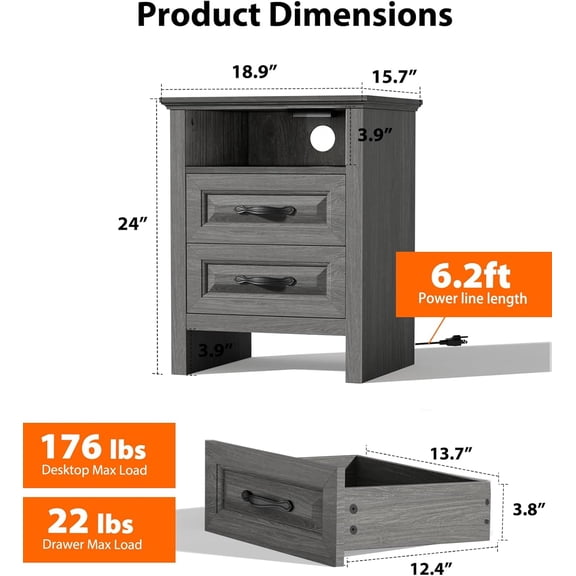 Night Stand with Charging Station, Farmhouse Bedside Table with 2 Drawers and Open Storage, Rustic End Table with AC Outlets & Type-C Ports for Bedroom, Gray