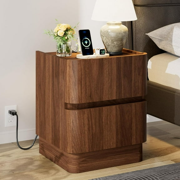 Night Stand with Charging Station, Handleless 2 Drawer Nightstand with Rounded Corners, Modern Bedside Table End Table for Bedroom Sofa Ofiice, Walnut