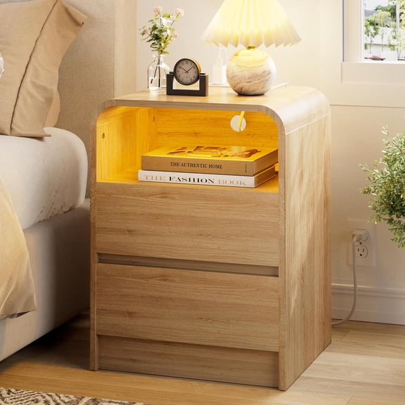Night Stand with Charging Station & LED Light, 2 Handleless Drawers End Table with Open Shelf, 18" Modern Nightstand for Bedroom, Curved Profile, Natural Oak