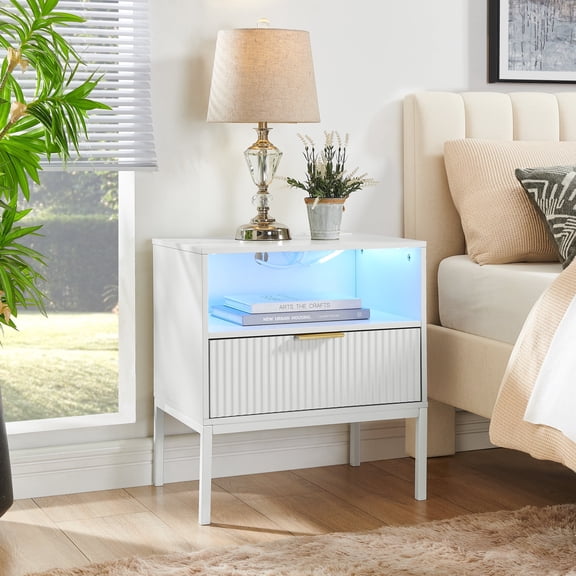 Night Stand with Charging Station & LED Light, Mid Century Modern Wood Bedside Table with Drawer, USB Ports & Outlets, End Table for Bedroom and Living Room