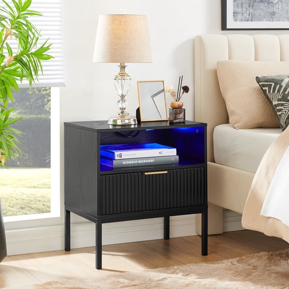 Night Stand with Charging Station & LED Light, Mid Century Modern Wood Bedside Table with Drawer, USB Ports & Outlets, End Table for Bedroom and Living Room