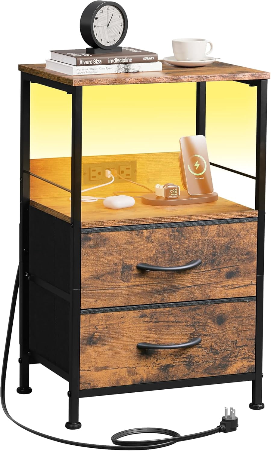 Night Stand with Charging Station, LED Nightstand with 2 Fabric Drawers ...