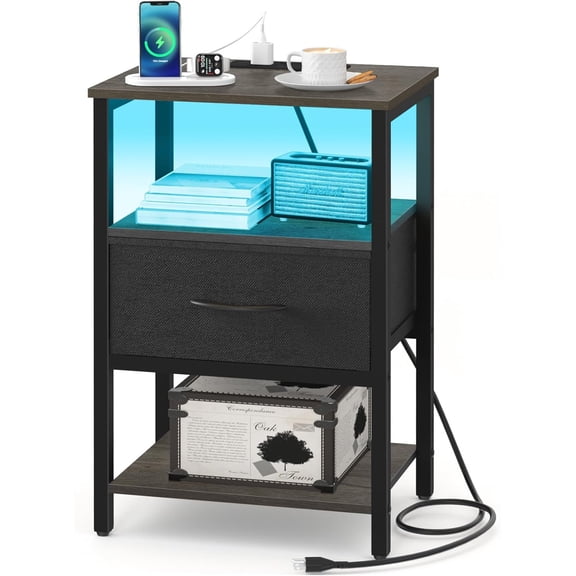 Night Stand with Charging Station, LED Nightstand for Bedroom, Bedside Table with Adjustable Fabric Drawer, 3-Tier End Table Living Room, Small Side Table with Storage, Grey