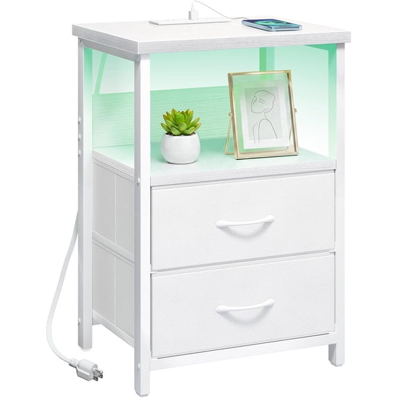 Night Stand with Charging Station, LED Nightstand with U-S-B Ports and Outlets for Small Spaces, 2 Fabric Storage Drawers, Bedside Table End Tables Bedroom