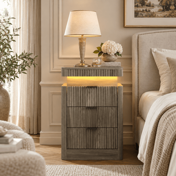 Night Stand with Charging Station, Light Wood Fluted Nightstand with ...