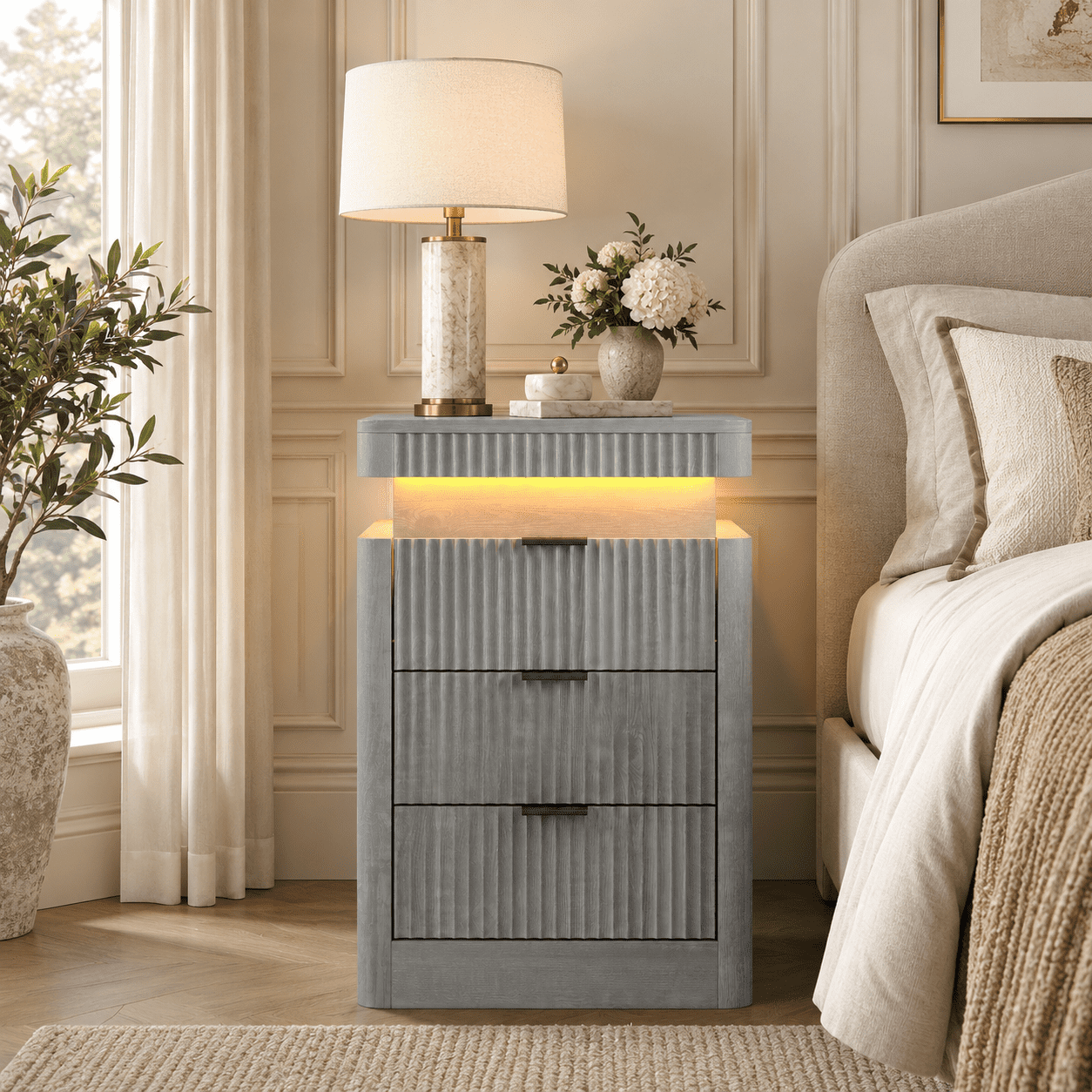 Night Stand with Charging Station, Light Wood Fluted Nightstand with ...