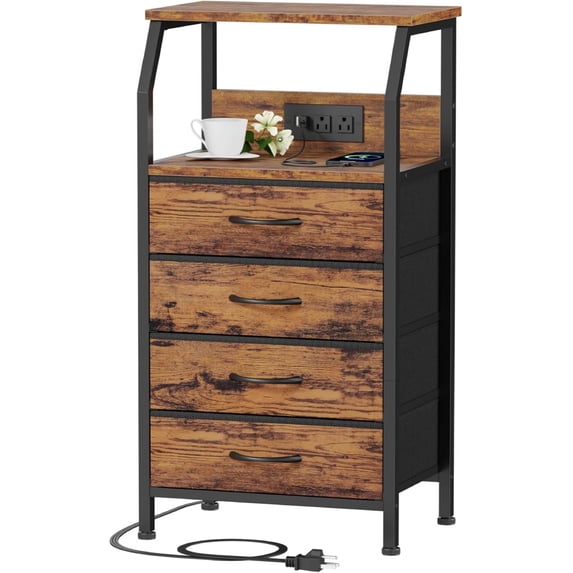 Night Stand with Charging Station, Small Dresser with 4 Fabric Drawers, 33.3 Inch Tall Bedside Table, Storage Tower for Closet, Entryway, Bedroom Furniture, 3 Ways to Use, Rustic Brown