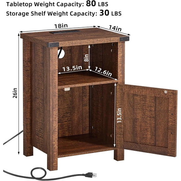 Night Stand with Charging Station and USB Port, 18 Inch Farmhouse Bedside Table with Storage Shelf, Rustic Wood Bedside Table with Magnetic Door, Reclaimed Barnwood