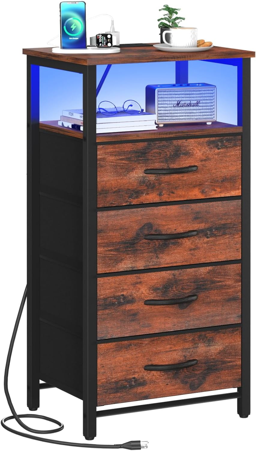 Storage Room Night Night Stand - LED Nightstand with Charging Station, Bedside Table with ...