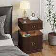 thumbnail image 1 of Night Stand, LED Nightstand, Modern Nightstand with Charging Station, Night Stand with 2 Drawers and Sliding Door, Curvy Edge, Small Bedside Table for Bedroom, Walnut, 1 of 9