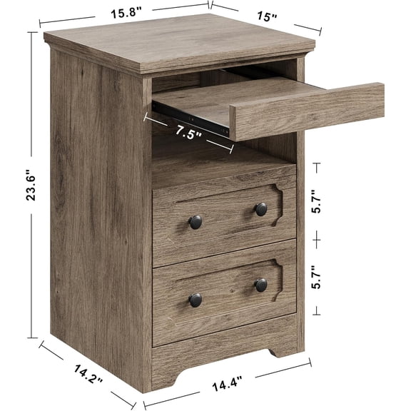 Night Stand, Modern Bedside Table with 2 Drawers, Open Shelf, End Table with Pull-Out Tray, Wood SideTable, Grey Oak