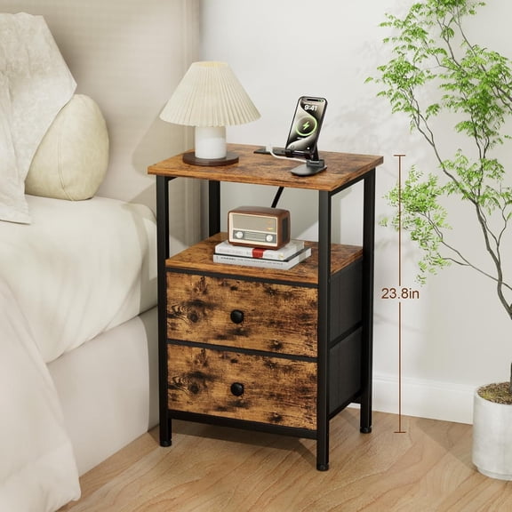 Night Stand, Nightstand with Charging Station, End Table with Storage 2 Fabric Drawers for Bedroom, Small Bed Side Table with USB Ports and Outlets for Living Room, Brown,
